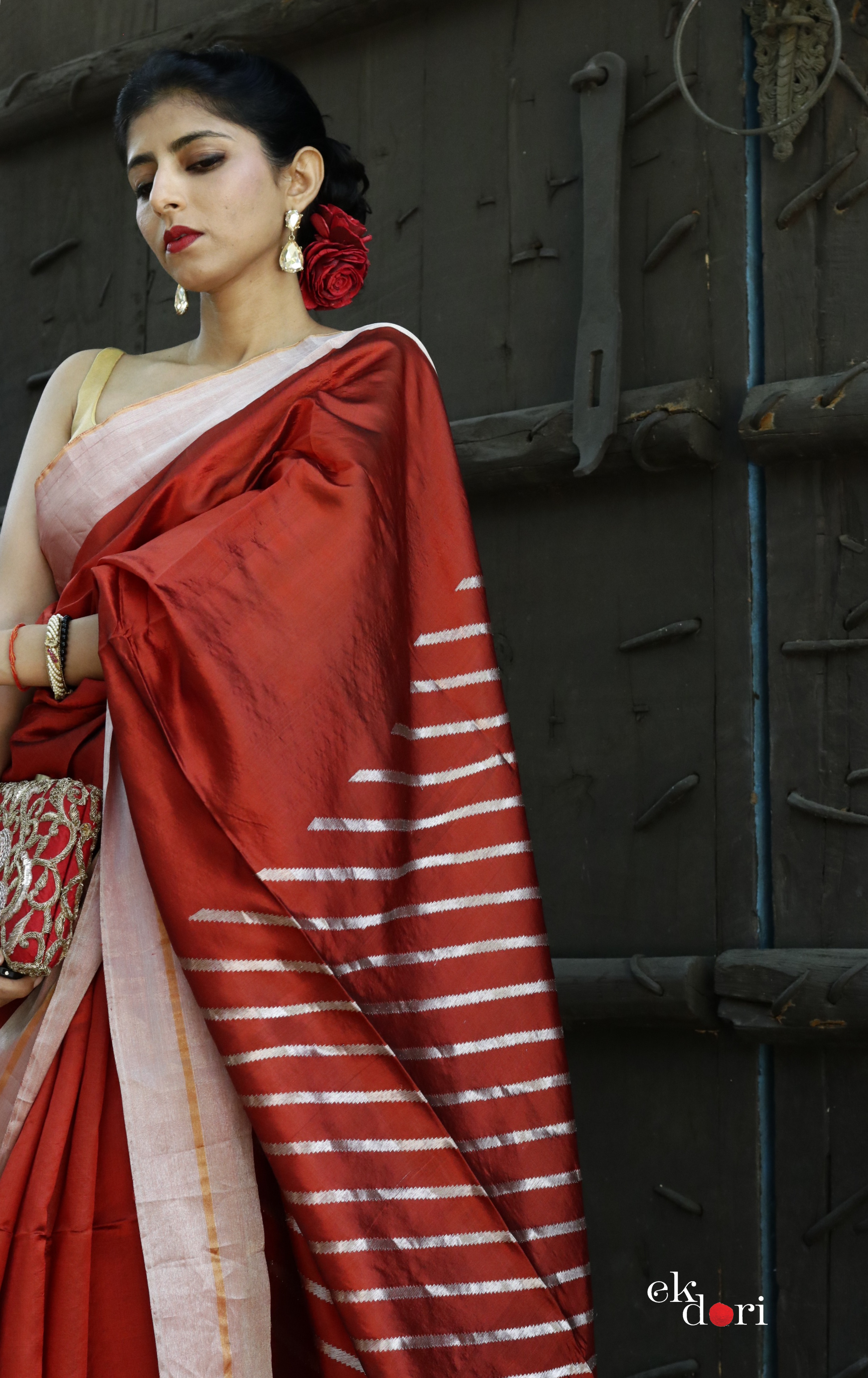 Crimson Red Premium Pattu Silk Chanderi Saree with Minakari motifs – Faburra
