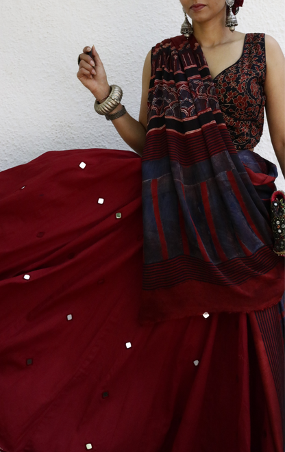 'Marooned' Mirror Work Cotton Lehenga : Festive Maroon Red Colour Navratri Kutch Lehenga With Mirror Work