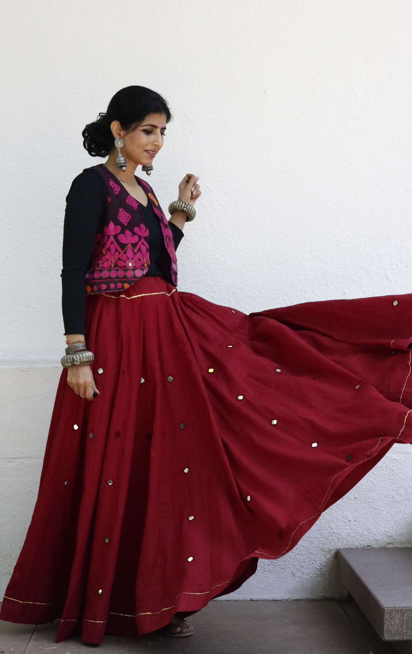 'Marooned' Mirror Work Cotton Lehenga : Festive Maroon Red Colour Navratri Kutch Lehenga With Mirror Work