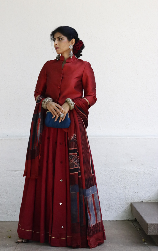 'Marooned' Mirror Work Cotton Lehenga : Festive Maroon Red Colour Navratri Kutch Lehenga With Mirror Work