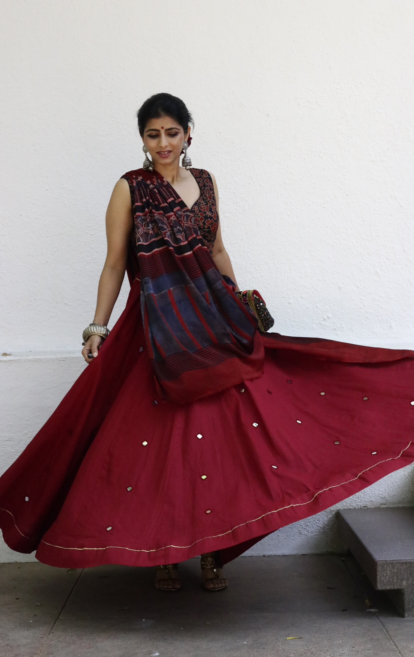 'Marooned' Mirror Work Cotton Lehenga : Festive Maroon Red Colour Navratri Kutch Lehenga With Mirror Work