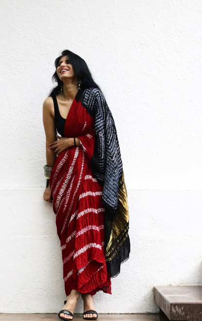 Buy Statement Red Shibori Saree : Red Black Shibori Cocktail Saree 'Deep Love'