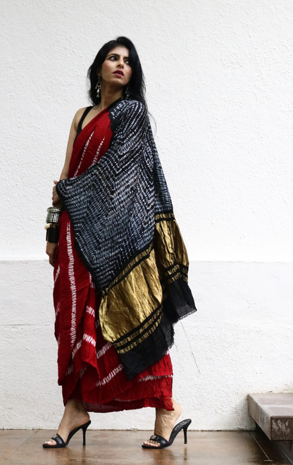 Buy Statement Red Shibori Saree : Red Black Shibori Cocktail Saree 'Deep Love'