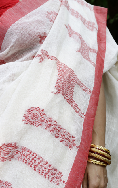 Buy 'Mother Deer' White Red Linen Cotton  Laal Padh Saree : White Red Laal Paar Linen Saree