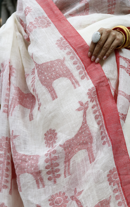 Buy 'Mother Deer' White Red Linen Cotton  Laal Padh Saree : White Red Laal Paar Linen Saree