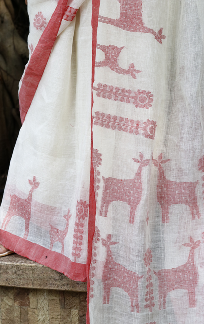 Buy 'Mother Deer' White Red Linen Cotton  Laal Padh Saree : White Red Laal Paar Linen Saree