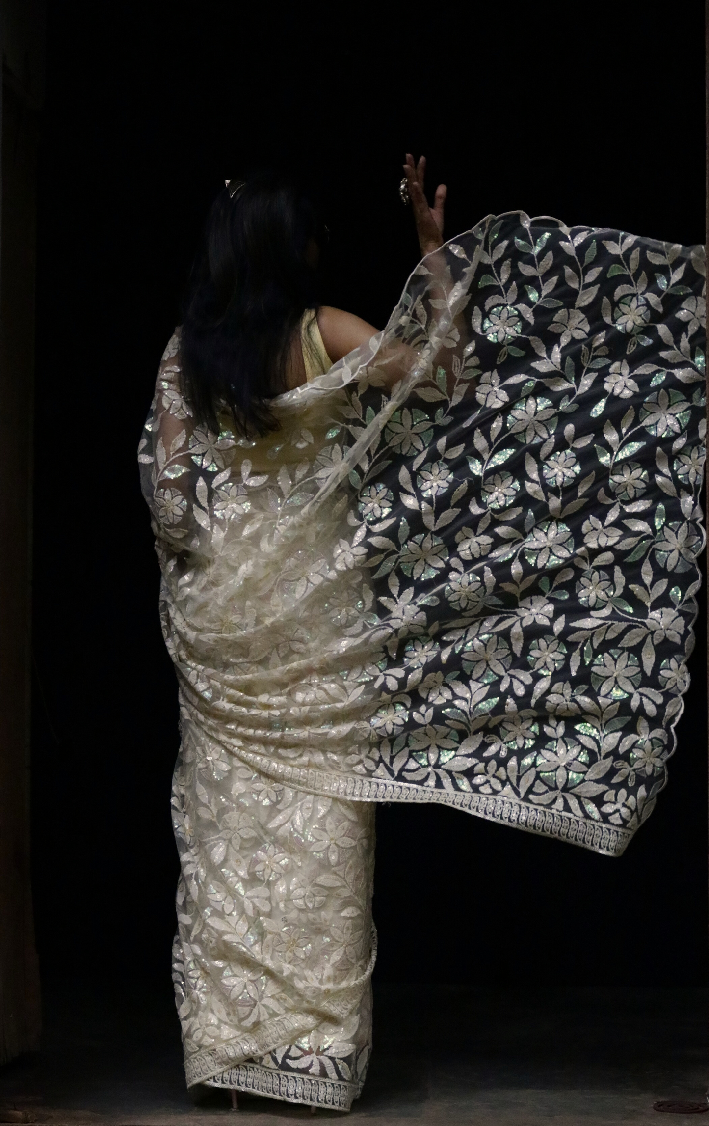 'Sunny Sunday' Floral Sequin Saree : Sequin Net Cocktail Saree : Sequin Bollywood Saree