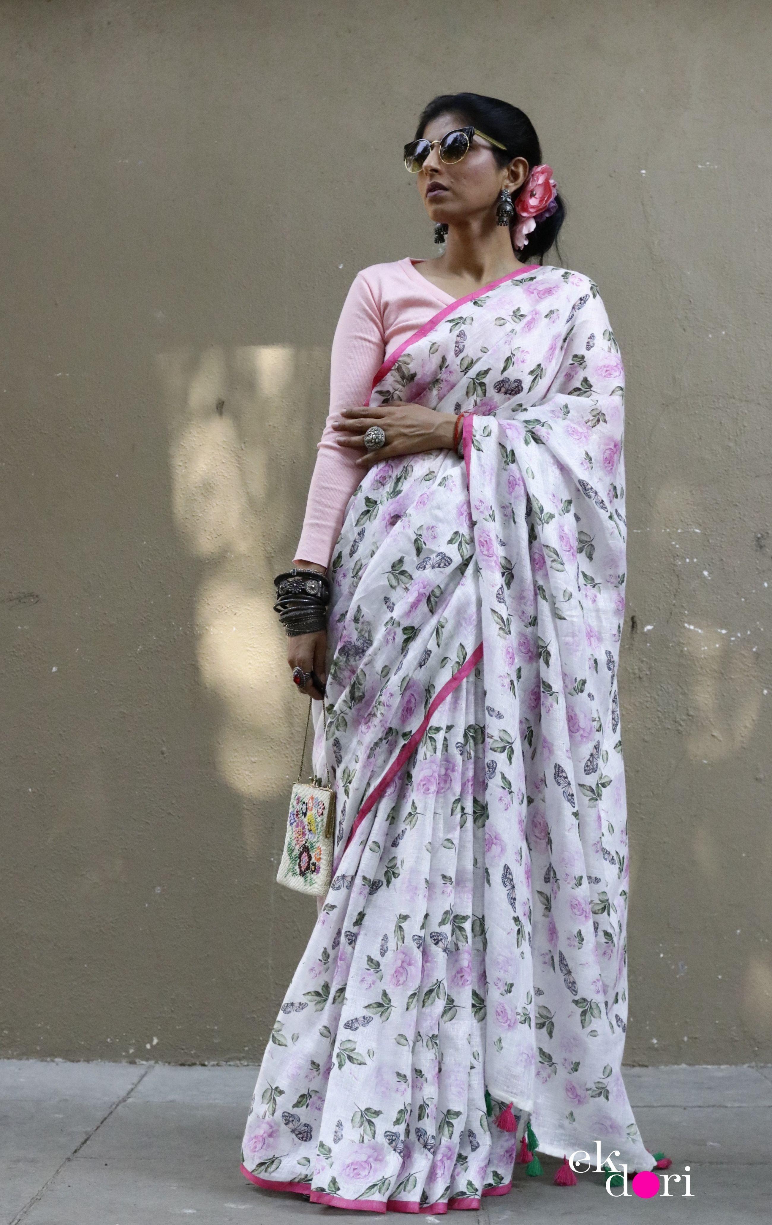 Floral Print Cotton Linen Saree In Pink With Silver Border