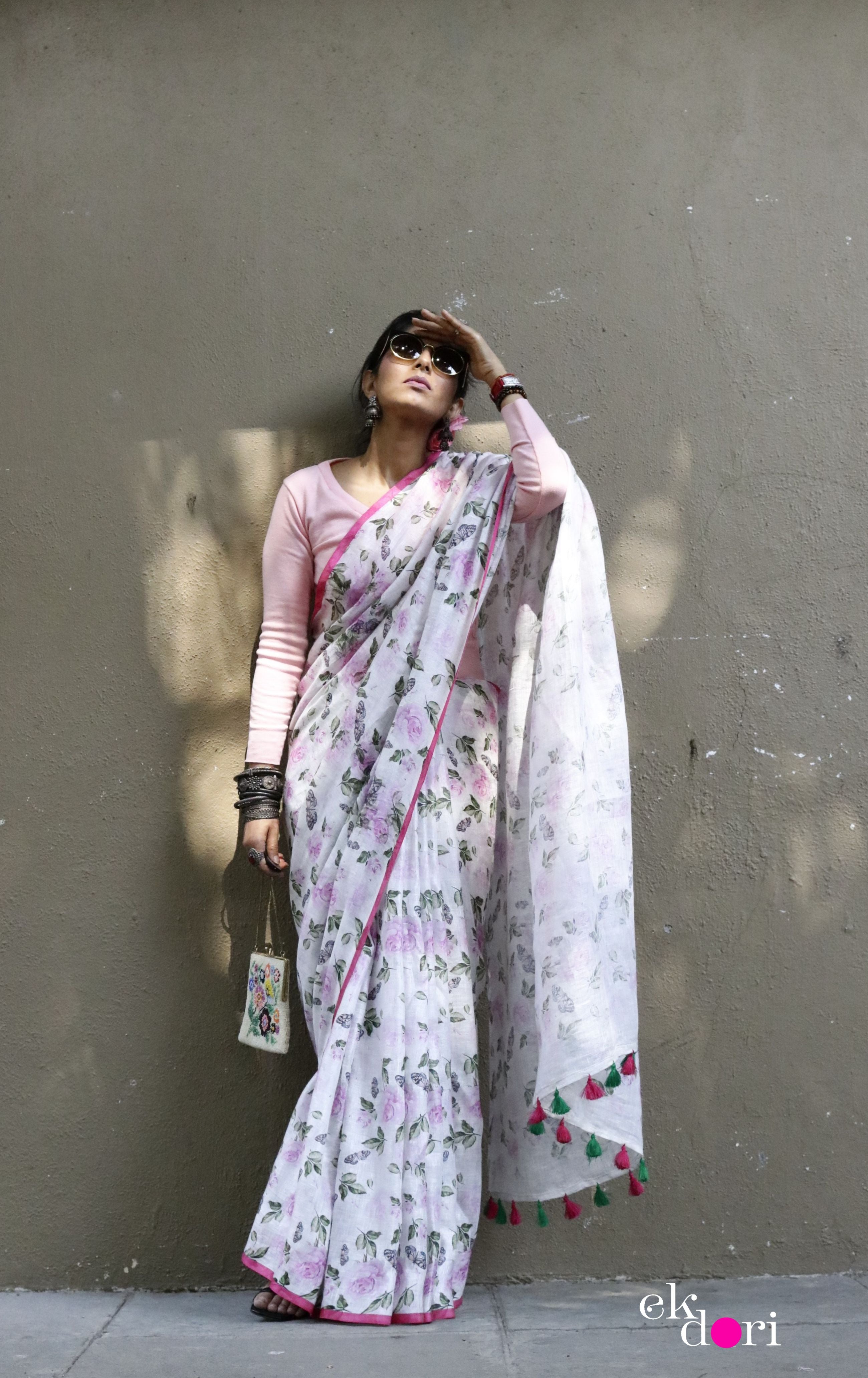 Floral digital print pure linen saree – www.vannamayil.com