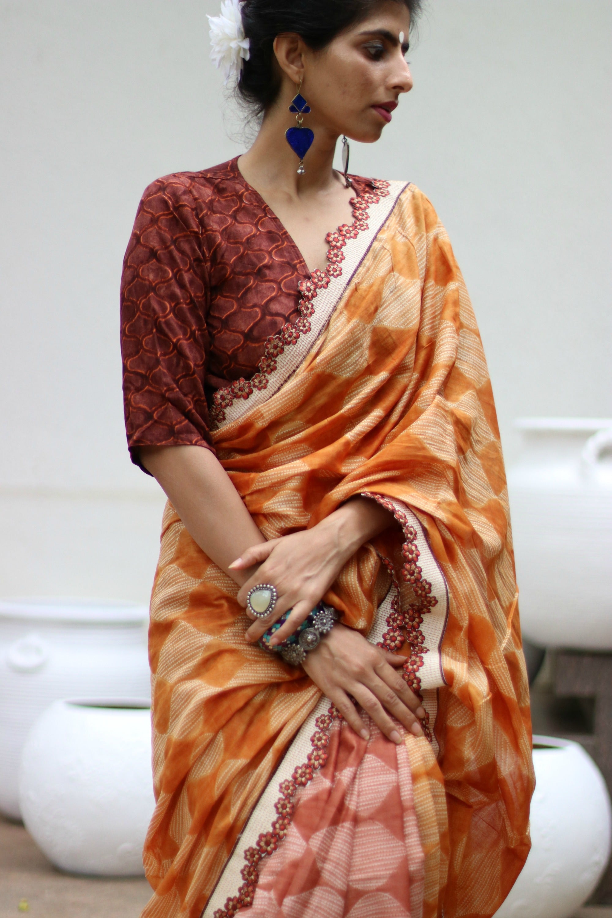 Beige Handwoven Jamawar Border Wrap-Blouse - Tilfi