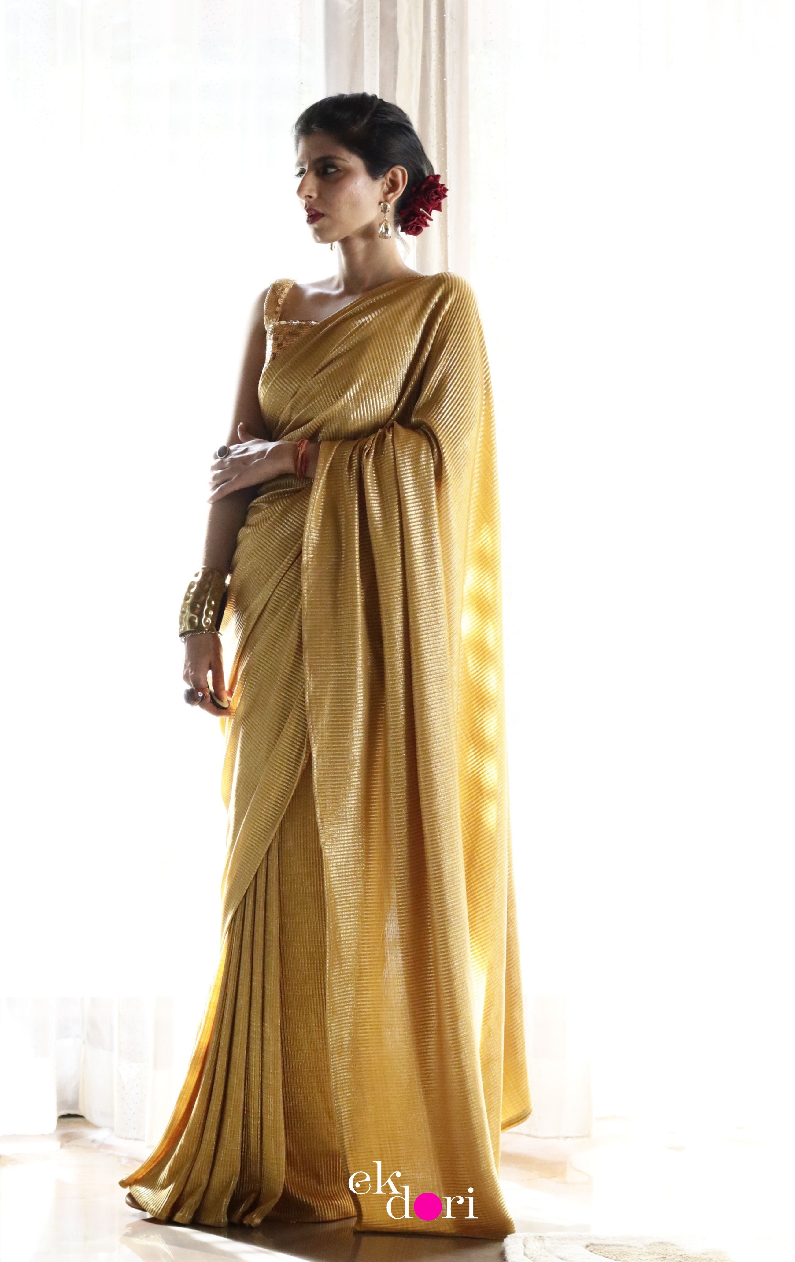 Golden J-pan Satin Silk Plain Saree with Velvet Work Blouse – Lehenga Closet