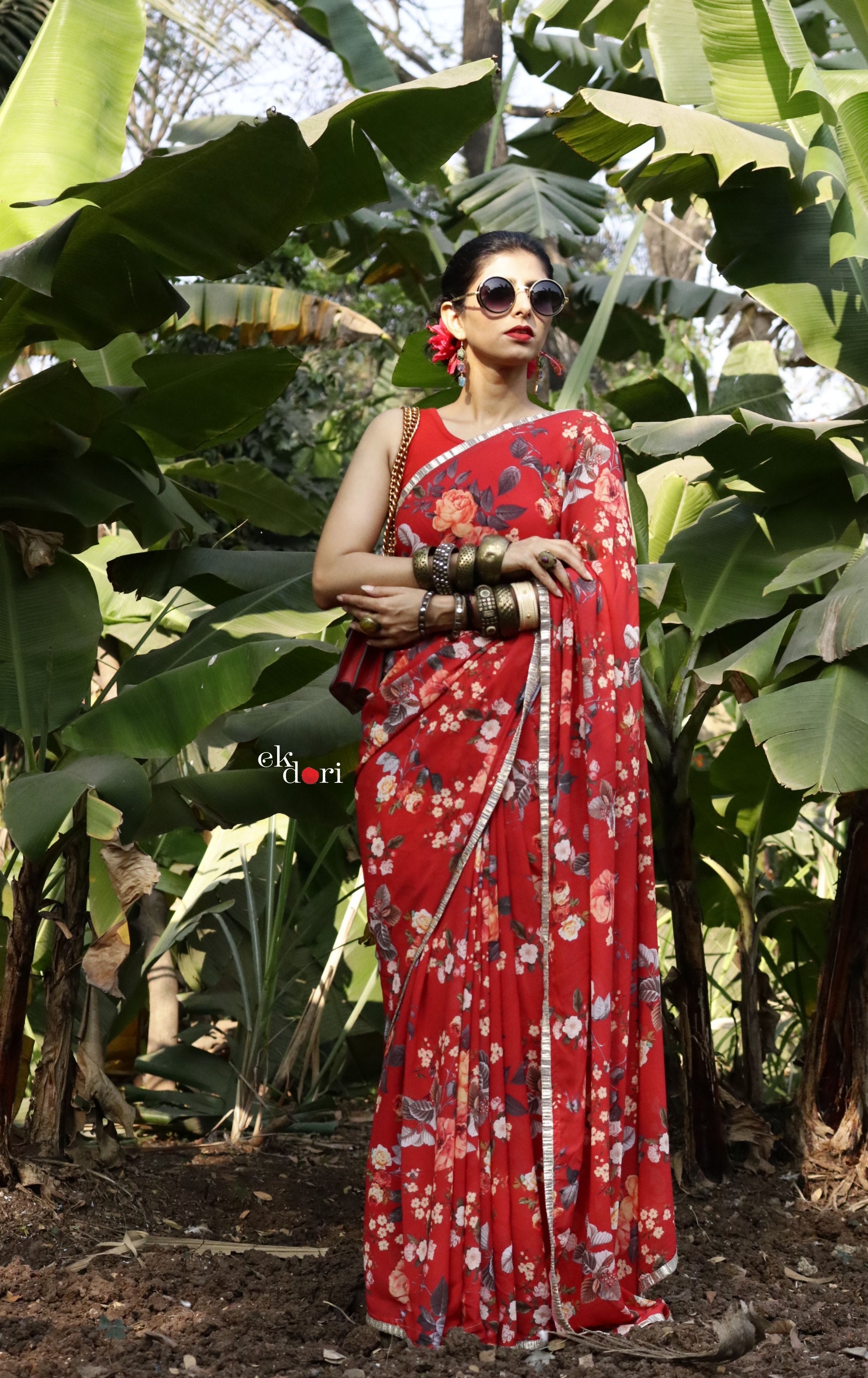 Red Floral Khadi Cotton Saree