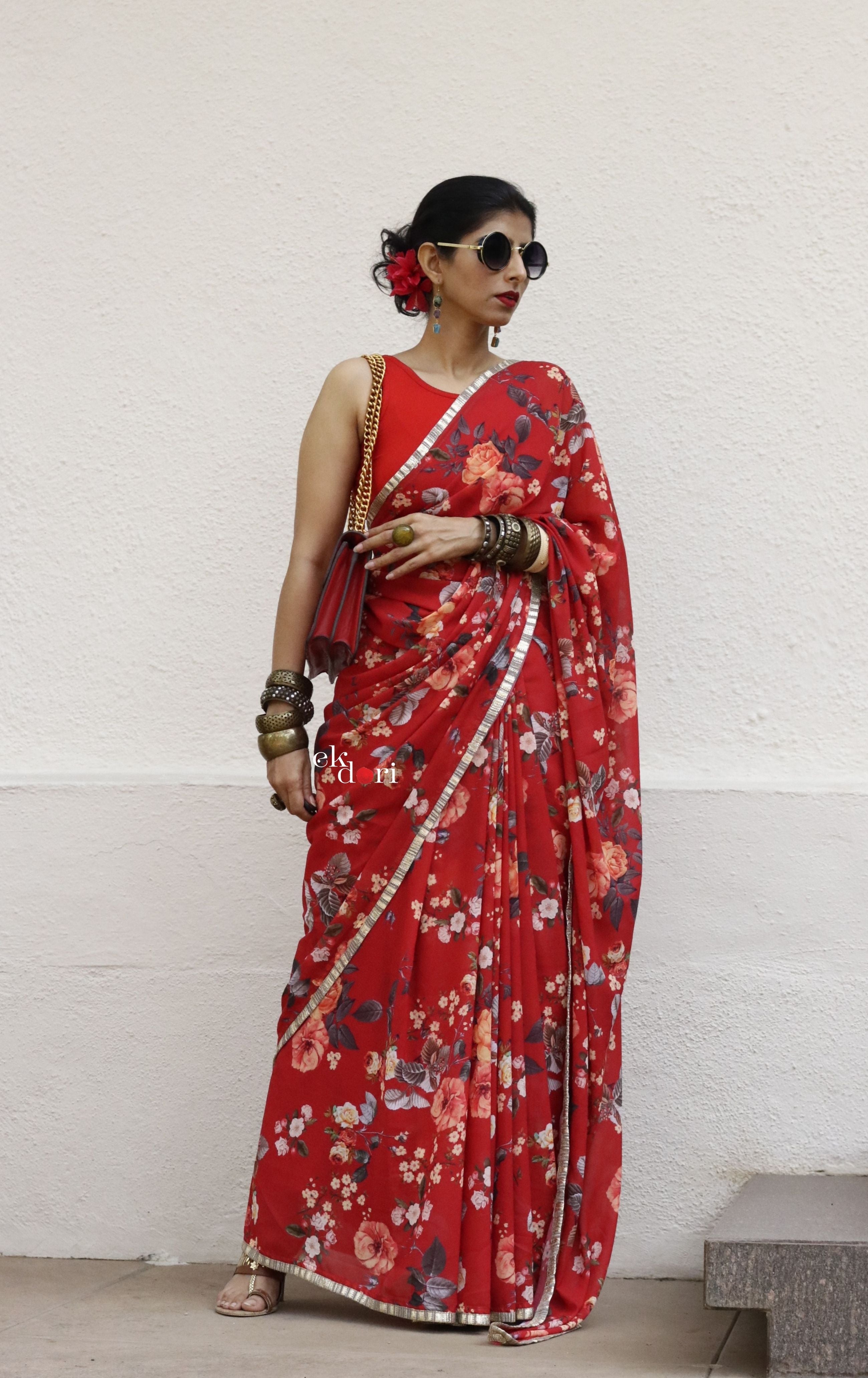 Handpainted Red Organza Silk Saree – Muksweta
