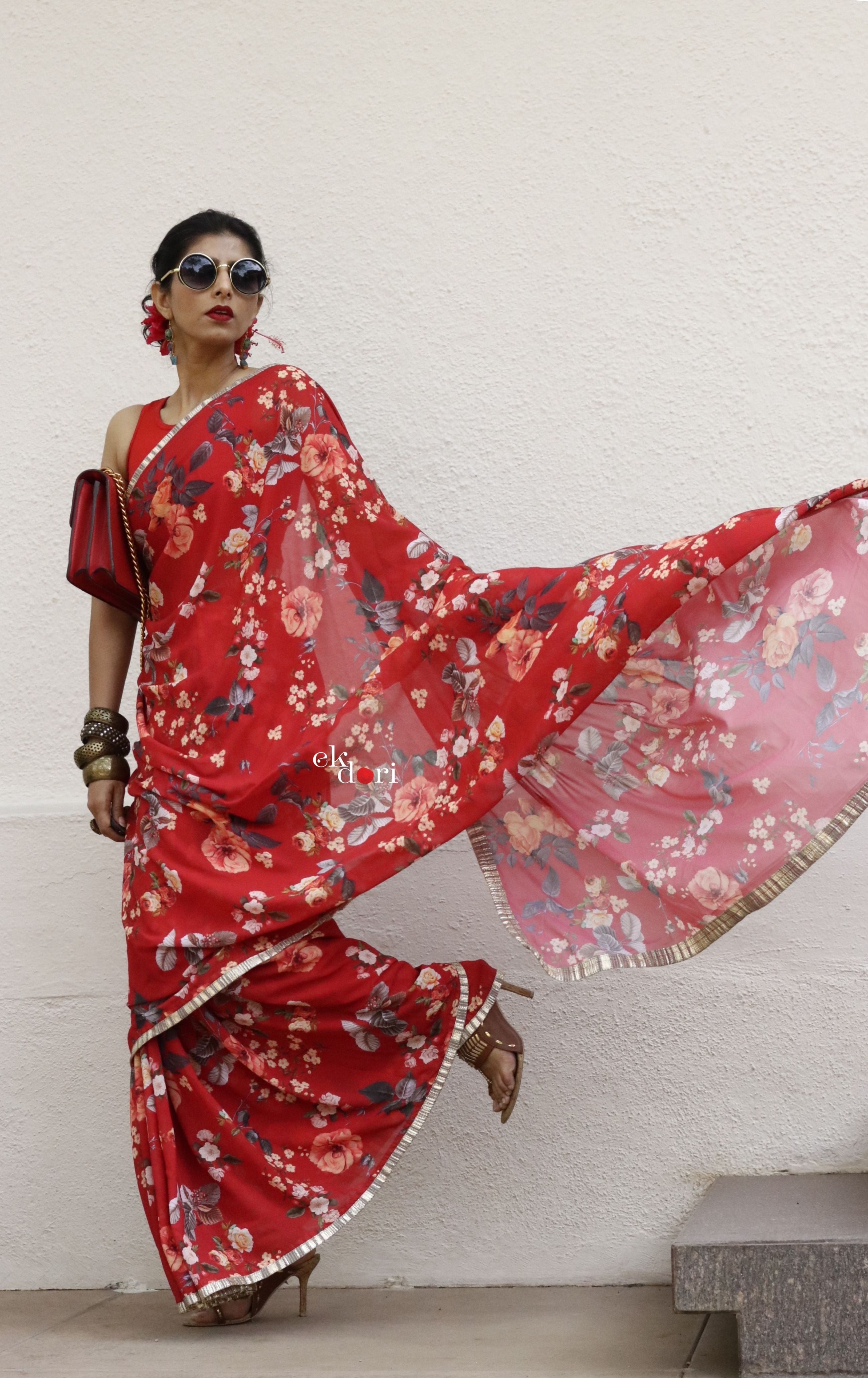 Buy Red Hand Painted Floral Chiffon Saree by GEROO BY NEELAM at Ogaan  Market Online Shopping Site
