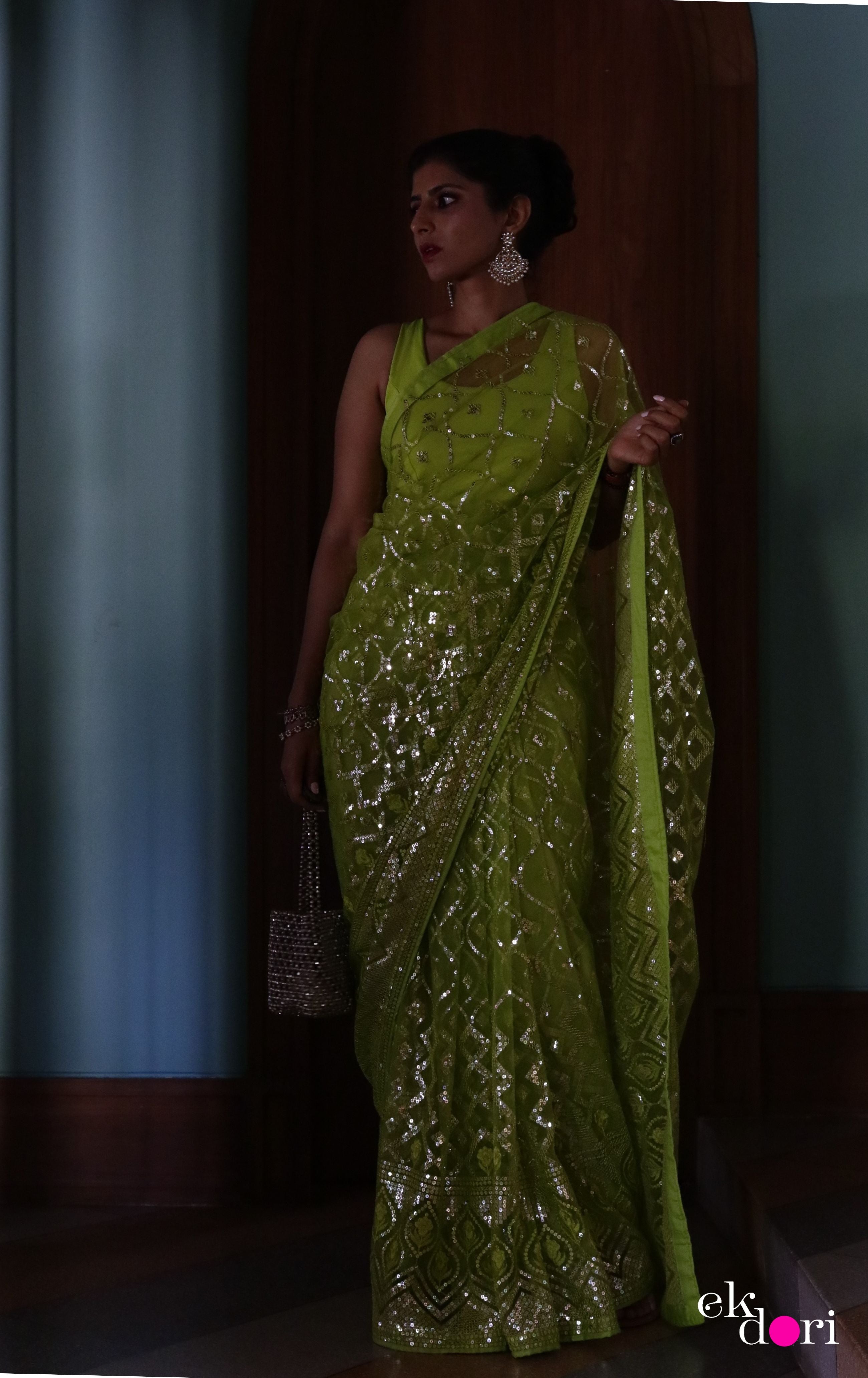 Shop Party Wear Georgette Royal Green Sequins Saree Online India USA –  Sunasa