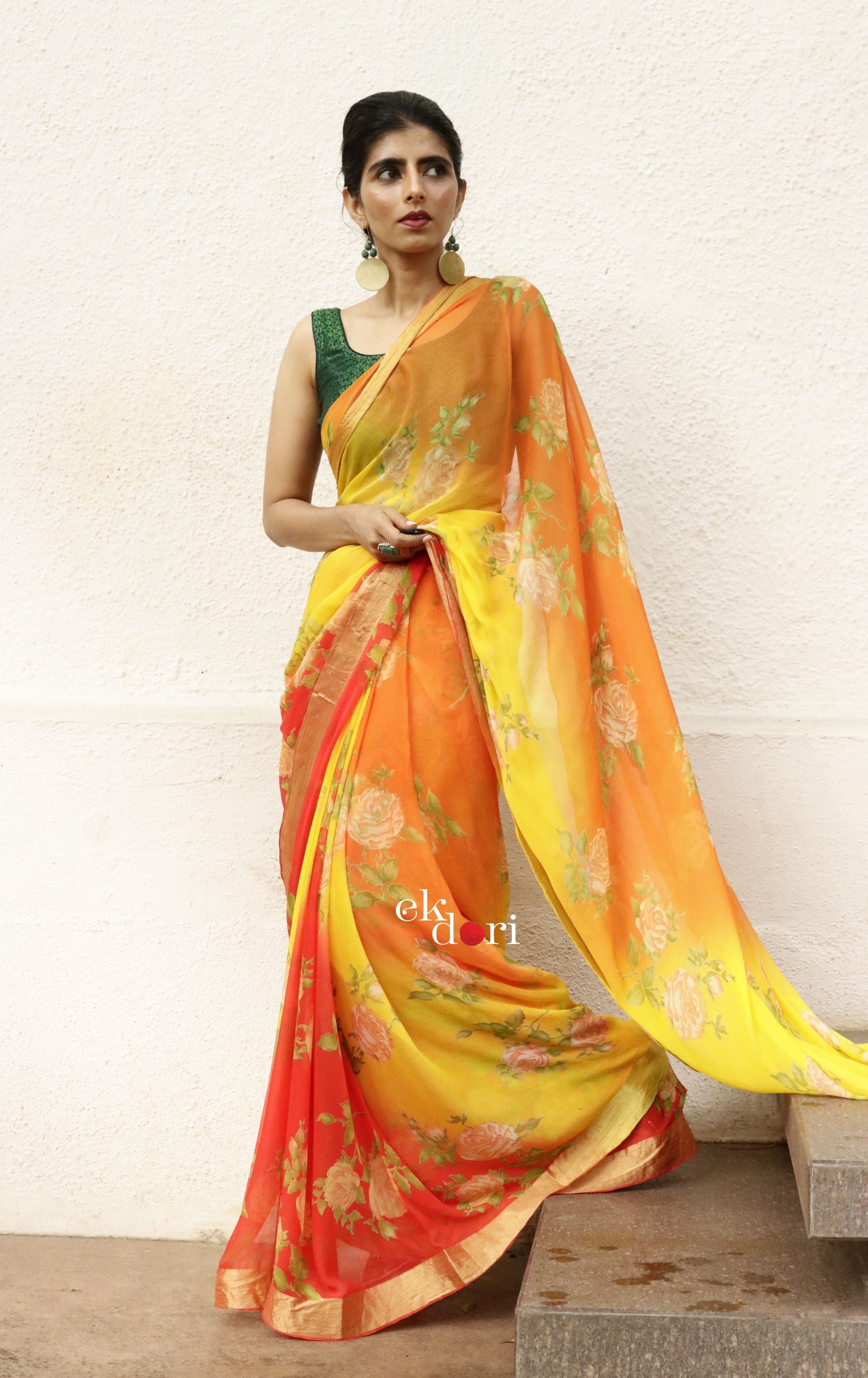 Floral Organza Saree Pink - Asistha.com