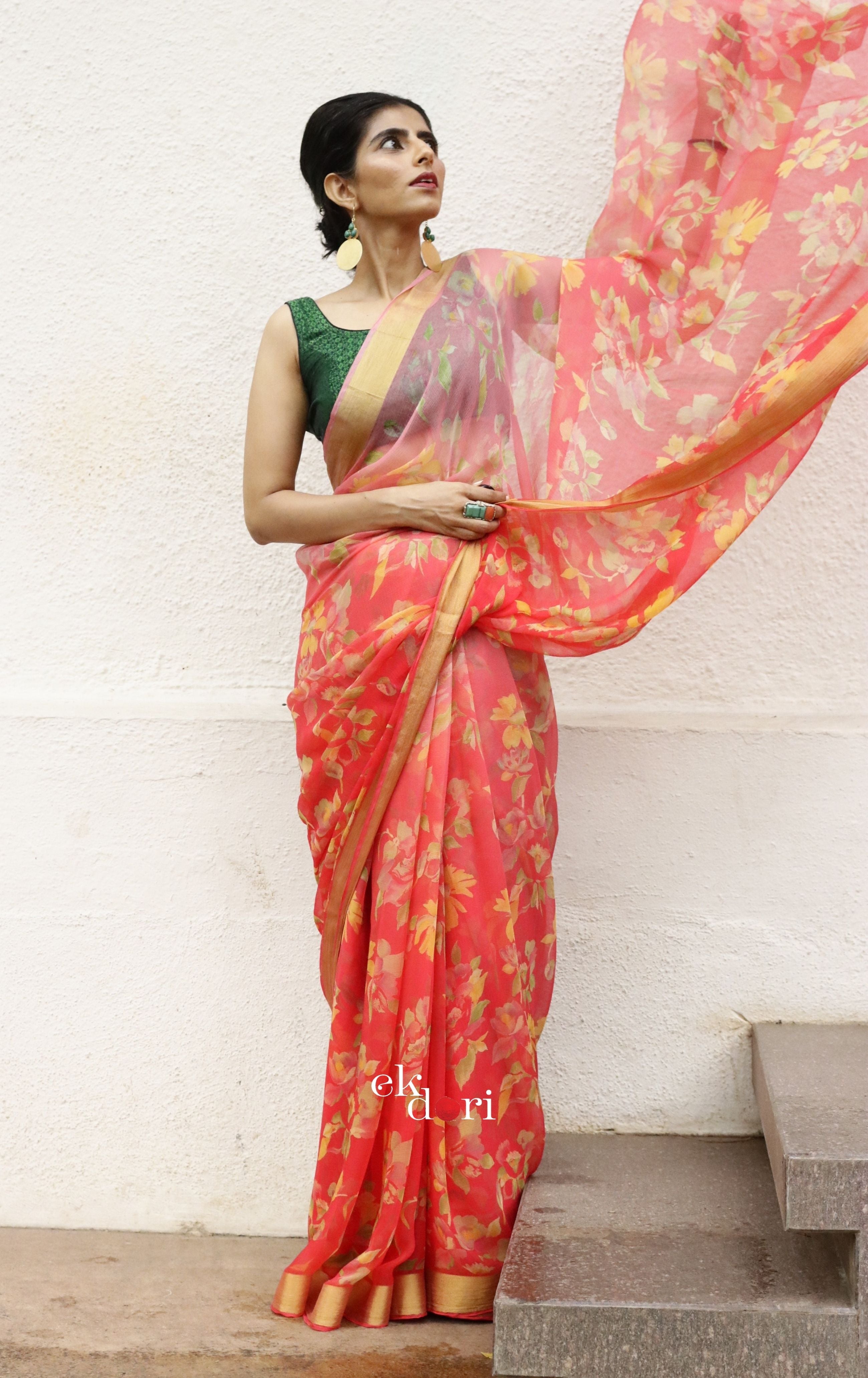 Buy Pink Chiffon Saree With Floral Prints And Unstitched Blouse Piece