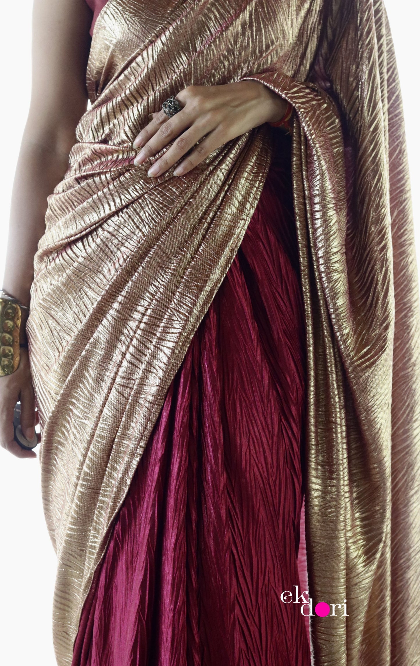 Goddess In Gold & Red : Micro Pleated Designer Saree : Metallic Cocktail Saree