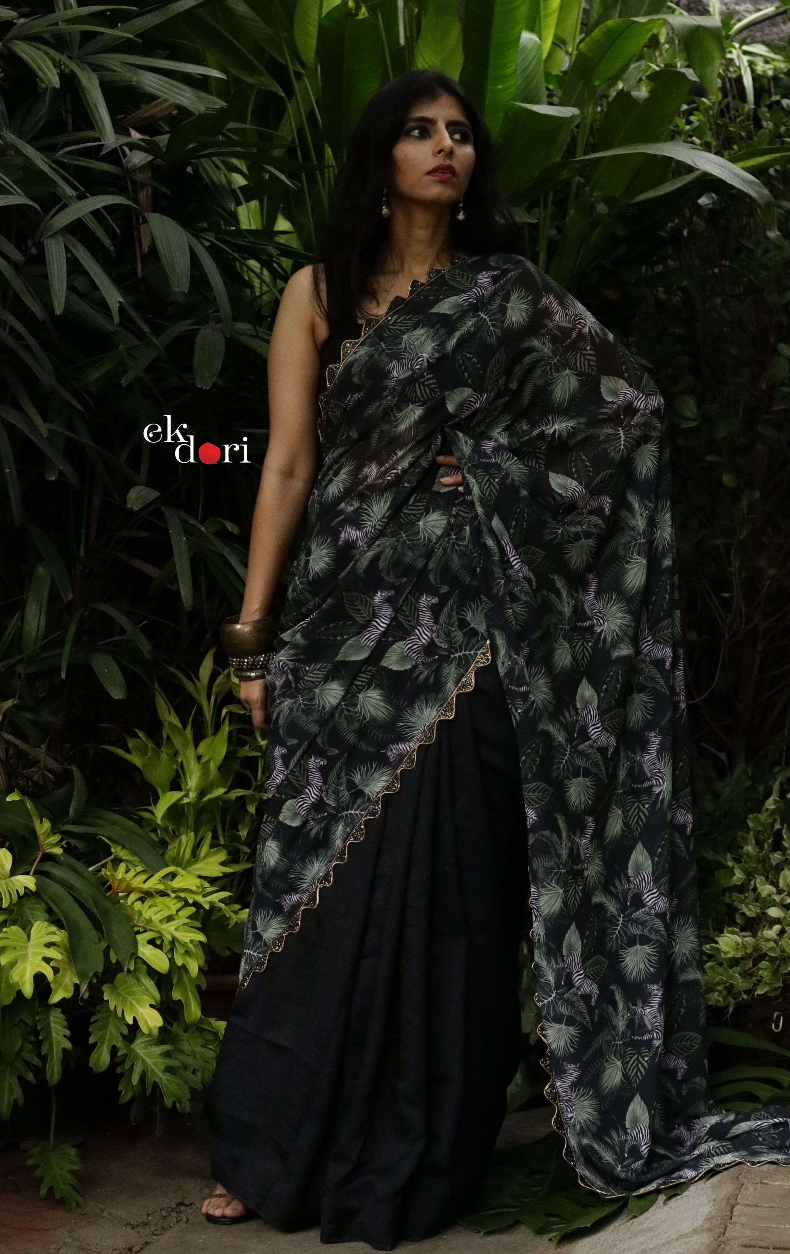 White-Black Casual Wear Stripe Printed Satin Silk Saree