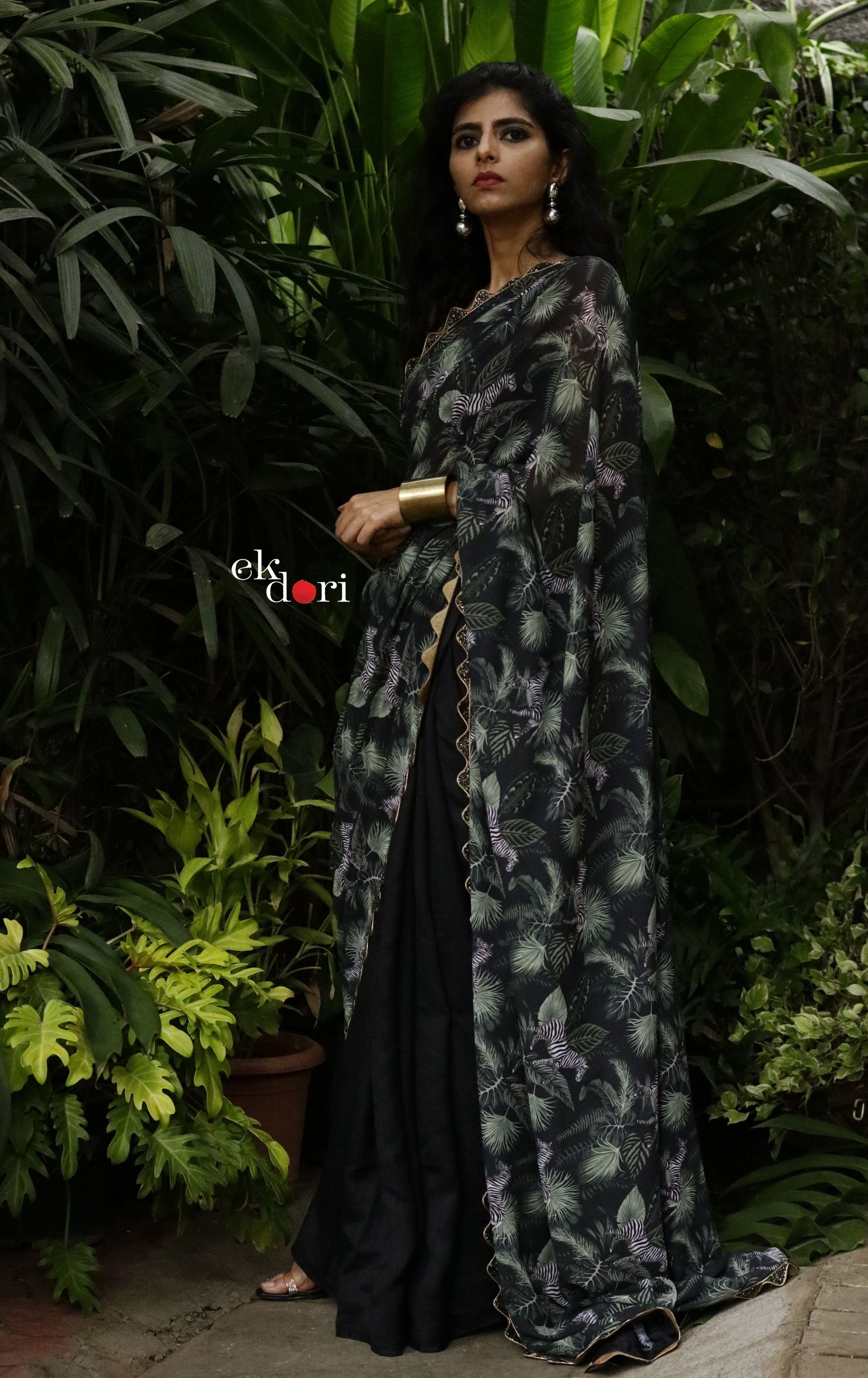 Jet Black Draped Saree with Embroidered Mirror Work Blouse - Seasons India